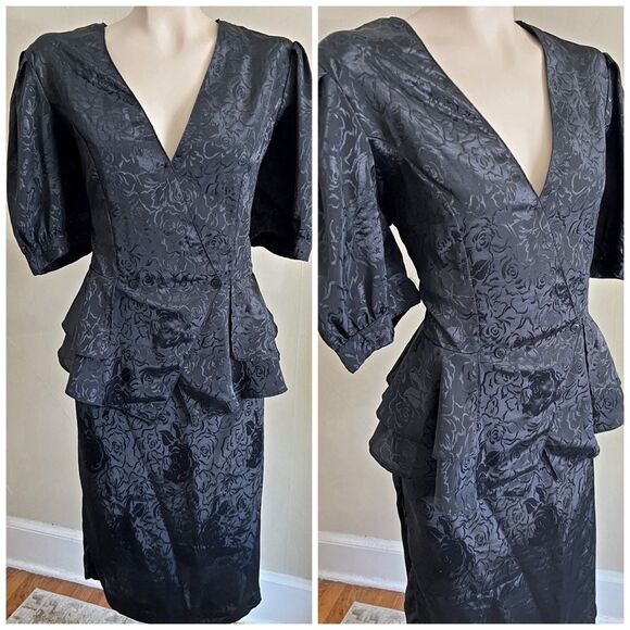 Vintage Shelly Michaels Black Jacquard Peplum Skirt Set Size L 80s 90s - Picture 1 of 14